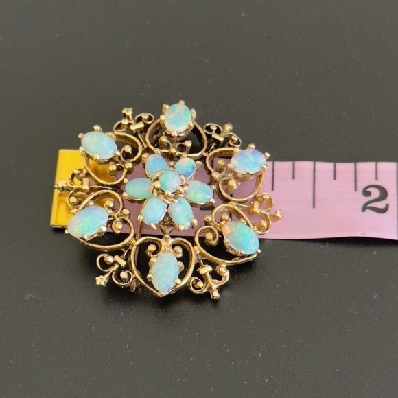 Vintage 14K Yellow Gold Opal Flower Heart Filigree Scroll Pendant Brooch Pin - Picture 8 of 10